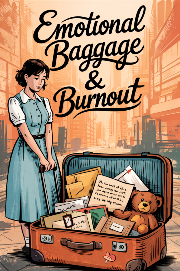 Vertical illustration of a woman standing beside an open suitcase filled with letters and a teddy bear, with the words Emotional Baggage & Burnout over a city street background.