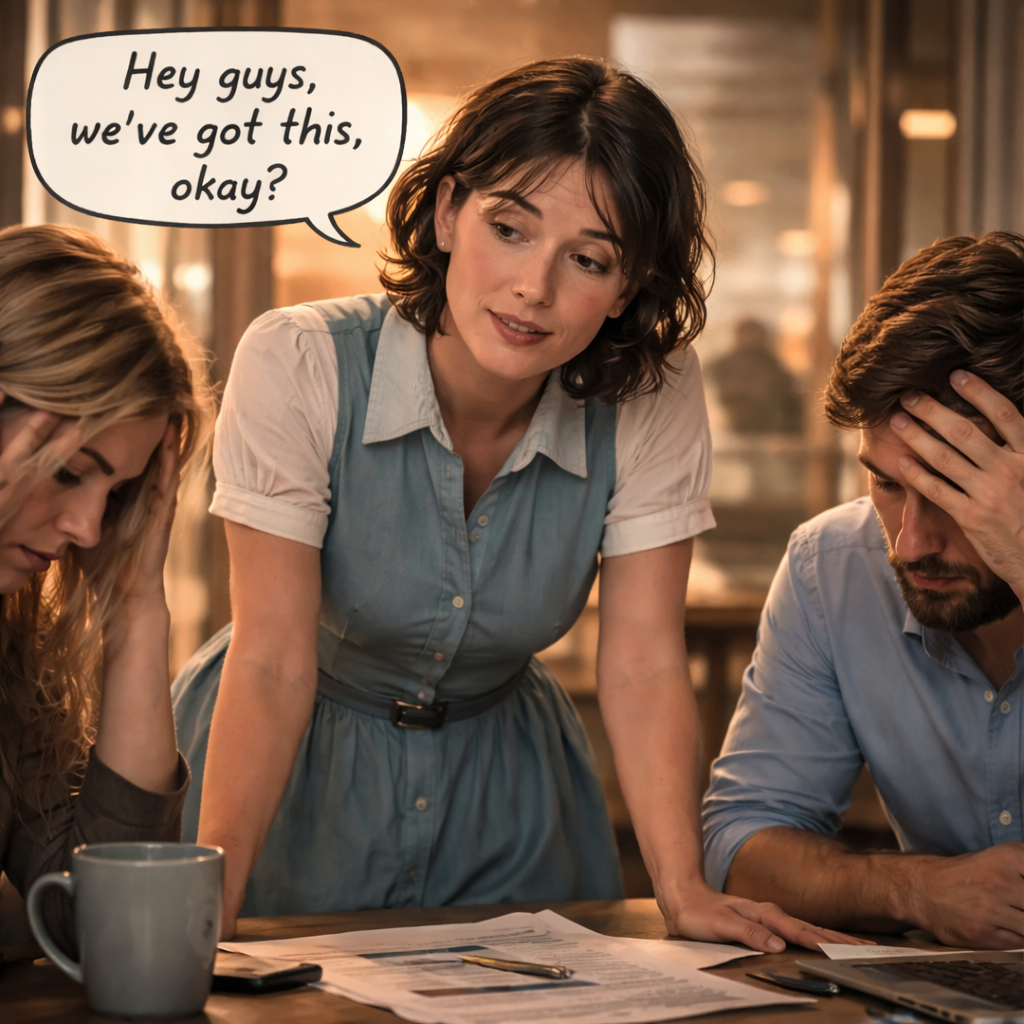 square, hyper-realistic image of an exhausted woman leaning over a table in an office, encouraging two stressed coworkers who are holding their heads, showing emotional burnout while trying to support others.