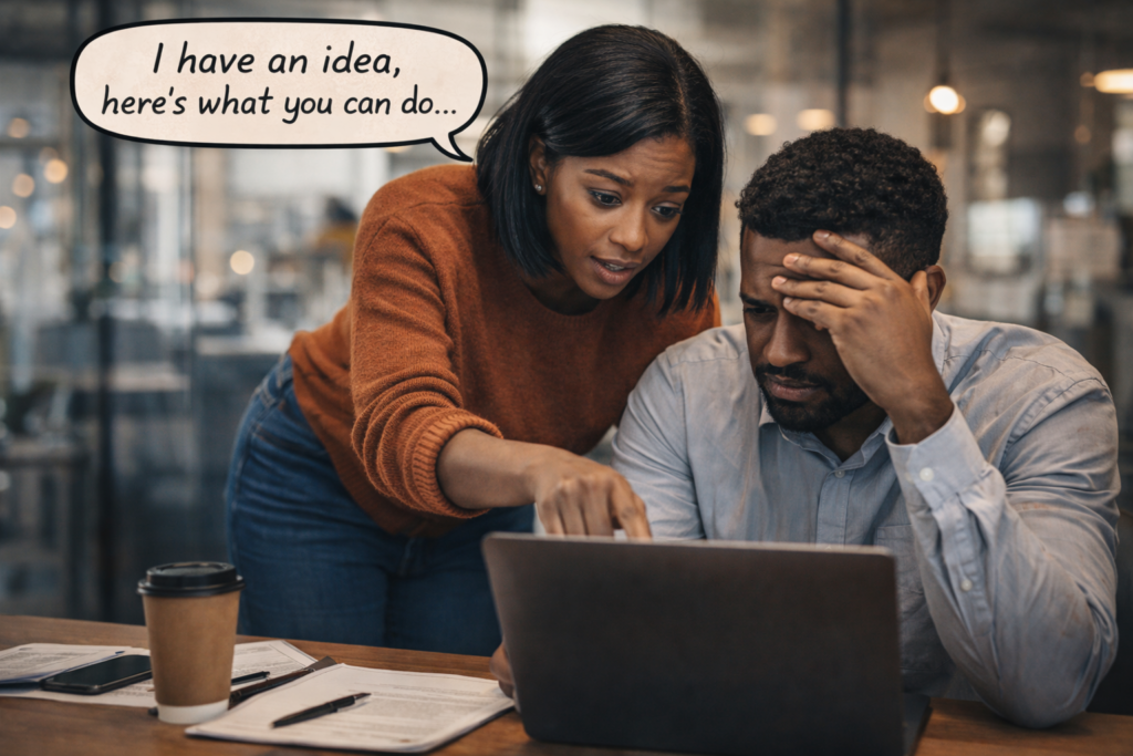 Landscape, hyper-realistic photo of a woman leaning over a coworker’s laptop in an office, pointing at the screen while he holds his head in stress, showing her stepping in to fix a problem he did not ask for help with.