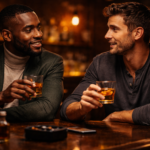 Two men having a real conversation over drinks at a dimly lit bar with warm moody lighting.