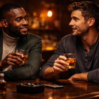 Two men having a real conversation over drinks at a dimly lit bar with warm moody lighting.