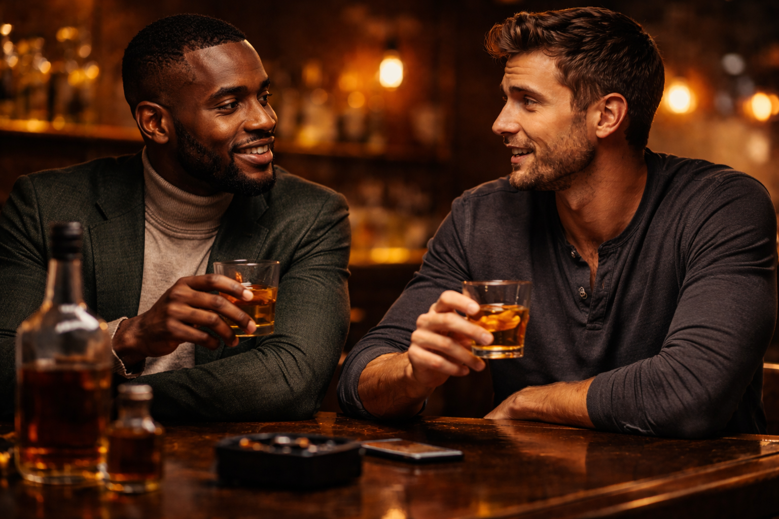 Two men having a real conversation over drinks at a dimly lit bar with warm moody lighting.