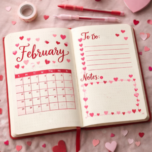 February bullet journal spread with red and pink heart theme, monthly calendar, to do list, and notes layout in a cozy flat lay.