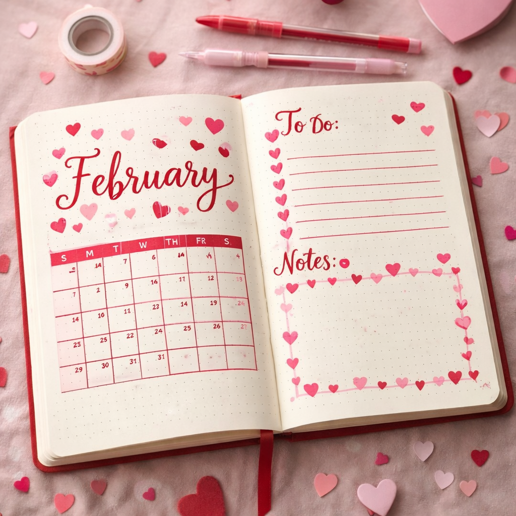 February bullet journal spread with red and pink heart theme, monthly calendar, to do list, and notes layout in a cozy flat lay.
