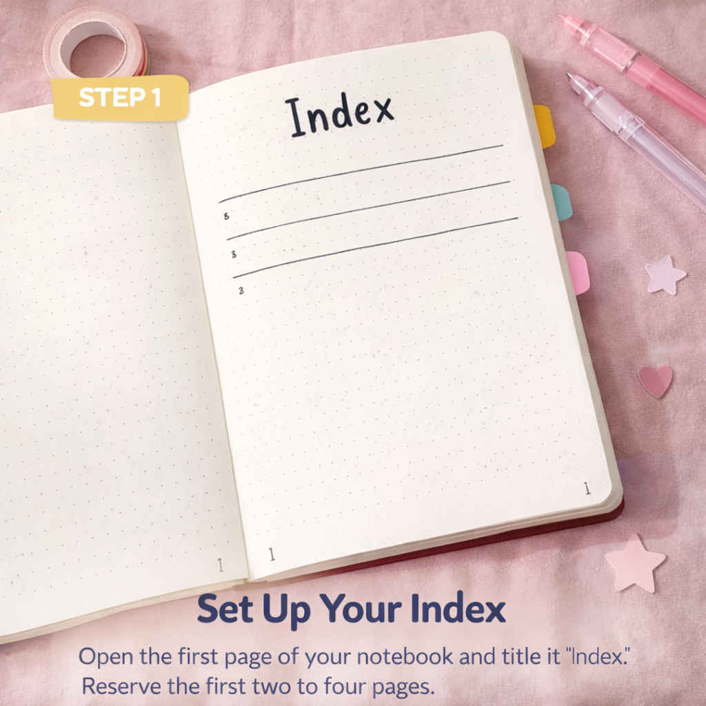an open bullet journal with the first page titled Index, showing blank dotted pages reserved for an index, with pastel pens, washi tape, page tabs, and a soft pink background, labeled Step 1 Set Up Your Index.