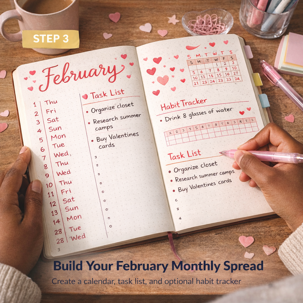 a person's hands setting up a February bullet journal monthly spread on a wooden desk, showing a calendar list with correctly spelled days of the week, a task list, and a habit tracker, with pink pens, washi tape, paper clips, and heart decorations in a natural workspace background labeled Step 3 Build Your February Monthly Spread.
