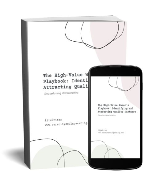 3D mockup of a minimalist white ebook cover and smartphone display showing the title “The High-Value Woman’s Playbook: Identifying and Attracting Quality Partners,” with soft abstract line art and neutral pastel accents on a clean black background.