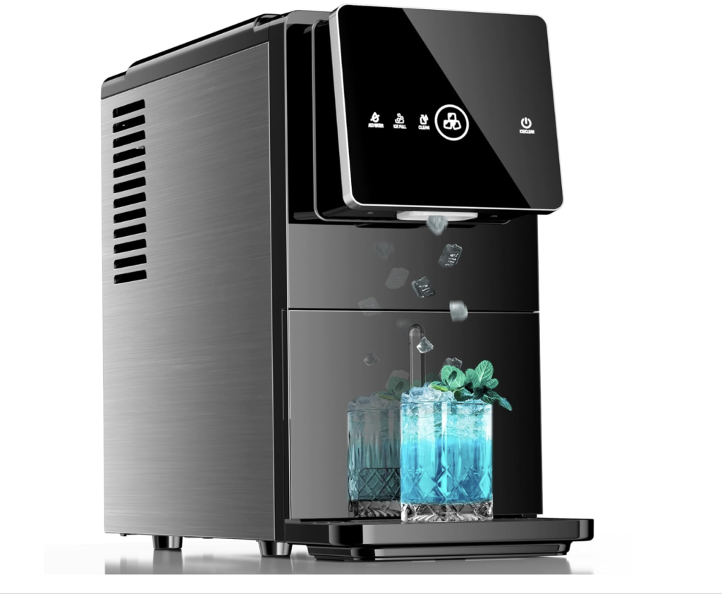 Black countertop nugget ice maker machine with one touch controls and self cleaning feature dispensing soft chewable ice into a glass, compact appliance shown on a kitchen or office counter