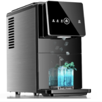 Black countertop nugget ice maker machine with one touch controls and self cleaning feature dispensing soft chewable ice into a glass, compact appliance shown on a kitchen or office counter