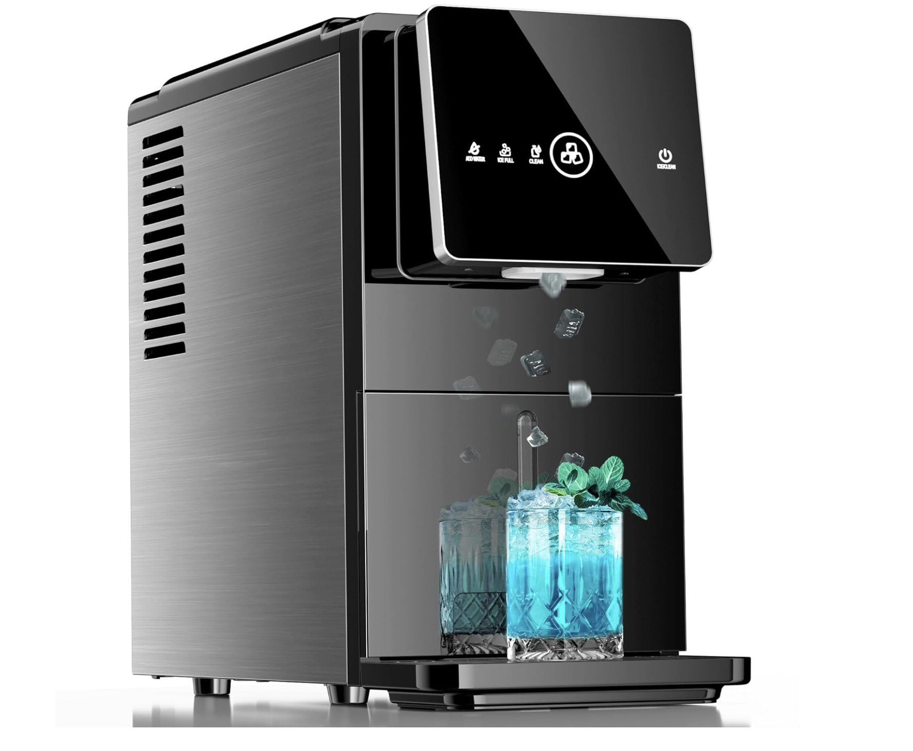 Black countertop nugget ice maker machine with one touch controls and self cleaning feature dispensing soft chewable ice into a glass, compact appliance shown on a kitchen or office counter
