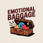 Illustration of an open suitcase labeled emotional baggage with a sad blue face, hearts, and stress symbols inside, representing carrying emotional weight.