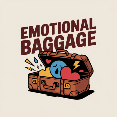 Illustration of an open suitcase labeled emotional baggage with a sad blue face, hearts, and stress symbols inside, representing carrying emotional weight.