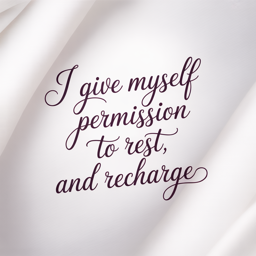 Minimalist quote design on a soft, light background with flowing script text that reads, “I give myself permission to rest and recharge.”