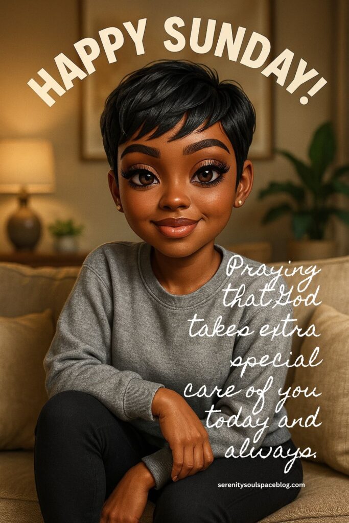 3D-style illustration of a smiling Black woman with short pixie-cut hair sitting on a couch in a cozy living room. She wears a gray sweater and black pants, with warm lighting, a lamp, and plants in the background. The image includes the text “HAPPY SUNDAY!” and a handwritten blessing that reads, “Praying that God takes extra special care of you today and always,” along with the website serenitysoulspaceblog.com.