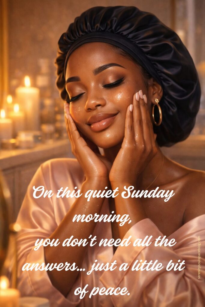 Stylized image of a Black woman wearing a satin bonnet and silk robe, gently touching her face during a nighttime skincare routine. She has glowing skin and a peaceful expression, surrounded by warm candlelight in a cozy bathroom setting. The image includes the text, “On this quiet Sunday morning, you don’t need all the answers… just a little bit of peace,” along with the website serenitysoulspaceblog.com.