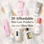 Flat lay of affordable skincare products arranged on a creamy neutral background, featuring cleansers, serums, essences, moisturizers, and sunscreen from brands like Good Molecules, COSRX, Peach & Lily, BYOMA, and The Ordinary with text reading “20 Affordable Skin Care Products That Give Glass Skin.”