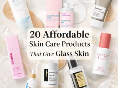 Flat lay of affordable skincare products arranged on a creamy neutral background, featuring cleansers, serums, essences, moisturizers, and sunscreen from brands like Good Molecules, COSRX, Peach & Lily, BYOMA, and The Ordinary with text reading “20 Affordable Skin Care Products That Give Glass Skin.”