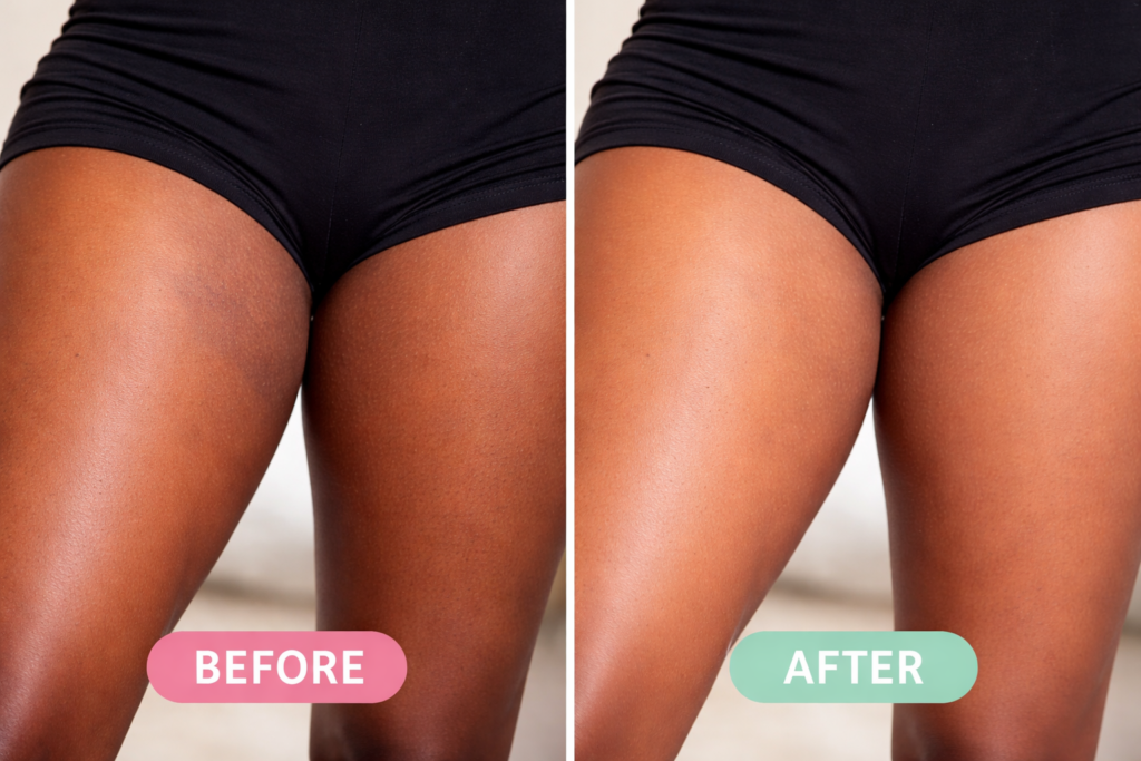 Side-by-side before and after image of a woman’s inner thighs showing reduction in dark spots and uneven skin tone, with smoother and more even-looking skin in the after result.