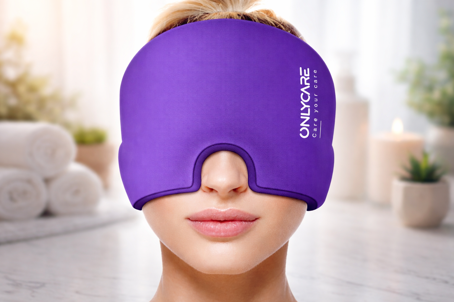 Woman wearing a purple ONLYCARE migraine relief cap in a spa-inspired setting with soft lighting and neutral background. The cap covers her eyes and ears only exposing her nose and mouth.