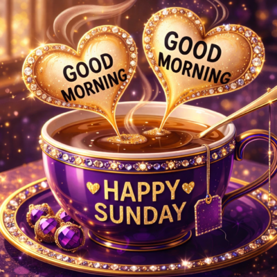 Elegant purple and gold teacup filled with tea on a matching saucer, featuring sparkling rhinestone details, a spoon inside the cup, and a teabag string hanging over the side. Two heart-shaped steam designs above the tea display the words “GOOD MORNING,” while the cup reads “HAPPY SUNDAY,” all set in a glowing, luxurious kitchen scene with warm light and shimmering accents.