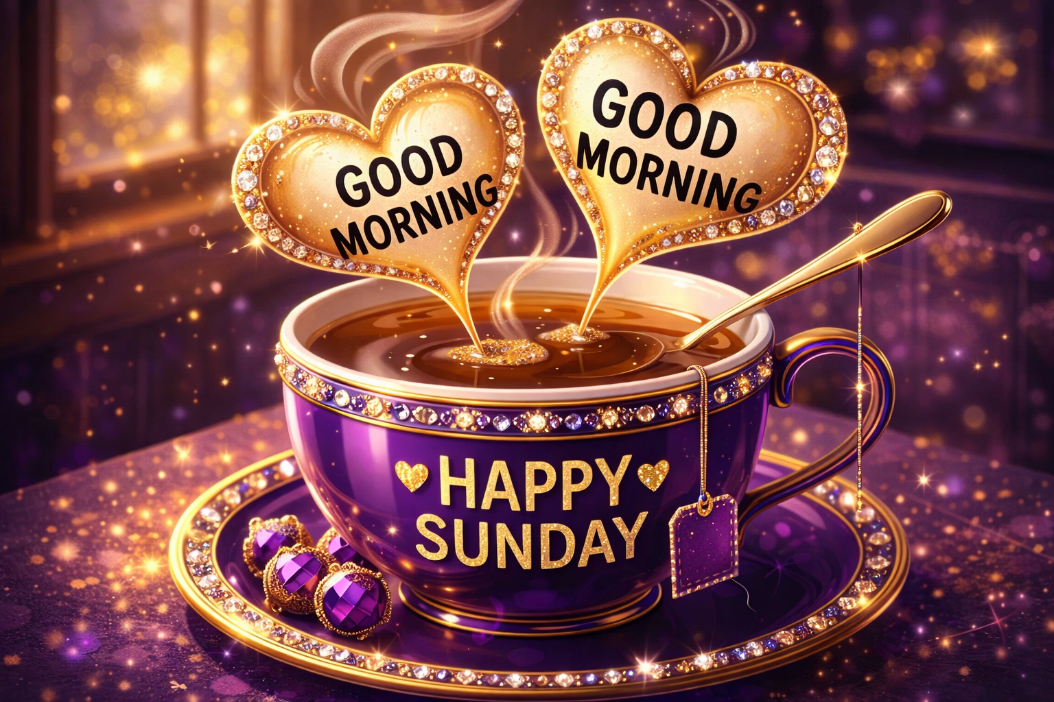 Elegant purple and gold teacup filled with tea on a matching saucer, featuring sparkling rhinestone details, a spoon inside the cup, and a teabag string hanging over the side. Two heart-shaped steam designs above the tea display the words “GOOD MORNING,” while the cup reads “HAPPY SUNDAY,” all set in a glowing, luxurious kitchen scene with warm light and shimmering accents.
