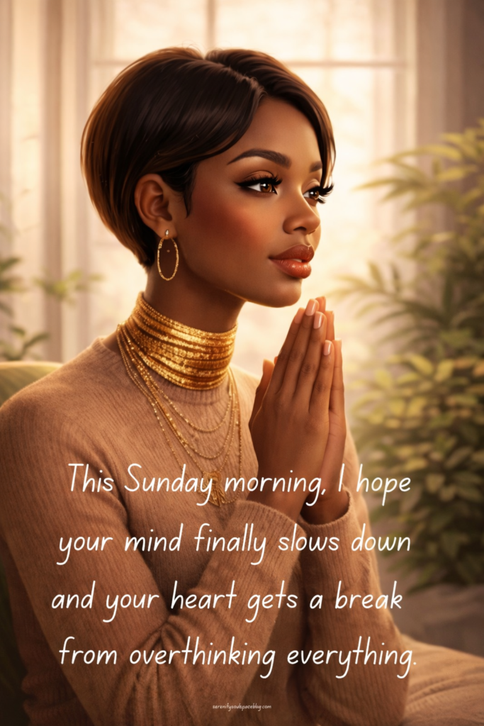 Stylized image of a Black woman with a short pixie haircut sitting near a sunlit window, holding her hands together in a prayer position. She wears a beige sweater with layered gold necklaces and hoop earrings, surrounded by soft greenery and warm natural light. The image includes the text, “This Sunday morning, I hope your mind finally slows down and your heart gets a break from overthinking everything,” along with the website serenitysoulspaceblog.com.