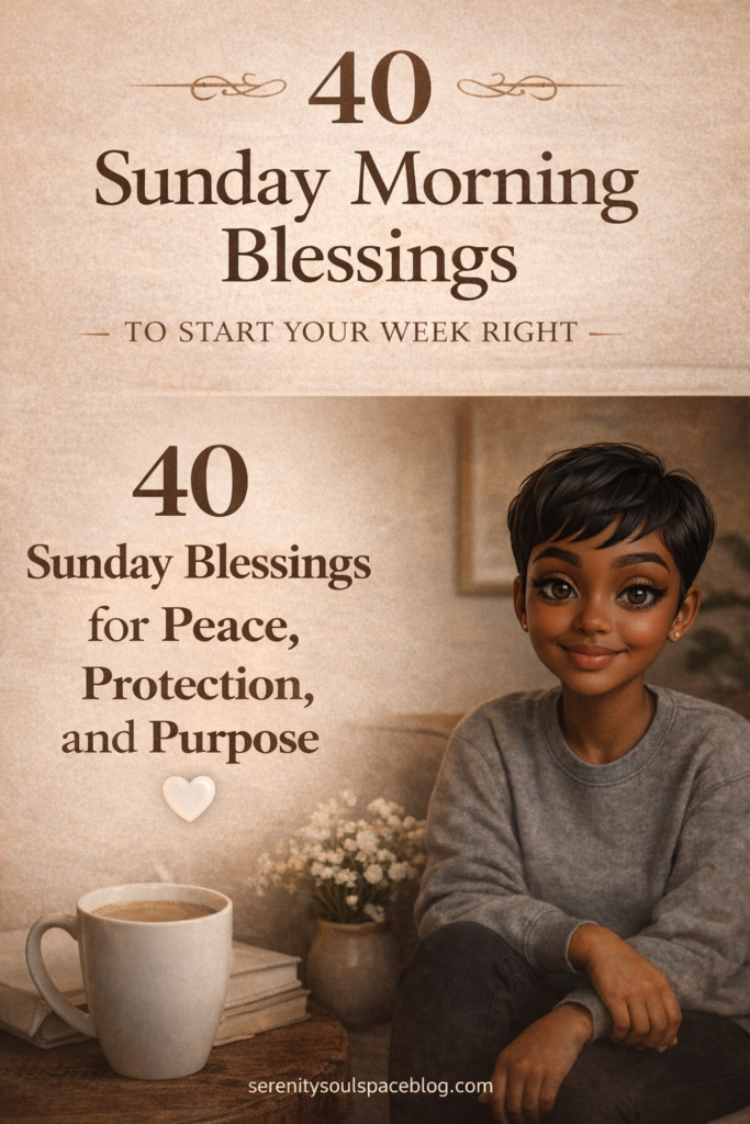 Aesthetic Sunday morning image with coffee and a woman relaxing on a couch, featuring text about 40 Sunday morning blessings for peace, protection, purpose, and a positive start to the week.