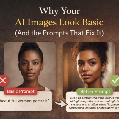 Side by side comparison of AI generated portraits showing basic prompt vs better prompt results. Image highlights how detailed AI prompts improve image quality, lighting, and realism. Text reads Why Your AI Images Look Basic and the prompts that fix it. Ideal for AI art prompts, Midjourney prompts, and content creators improving AI images.