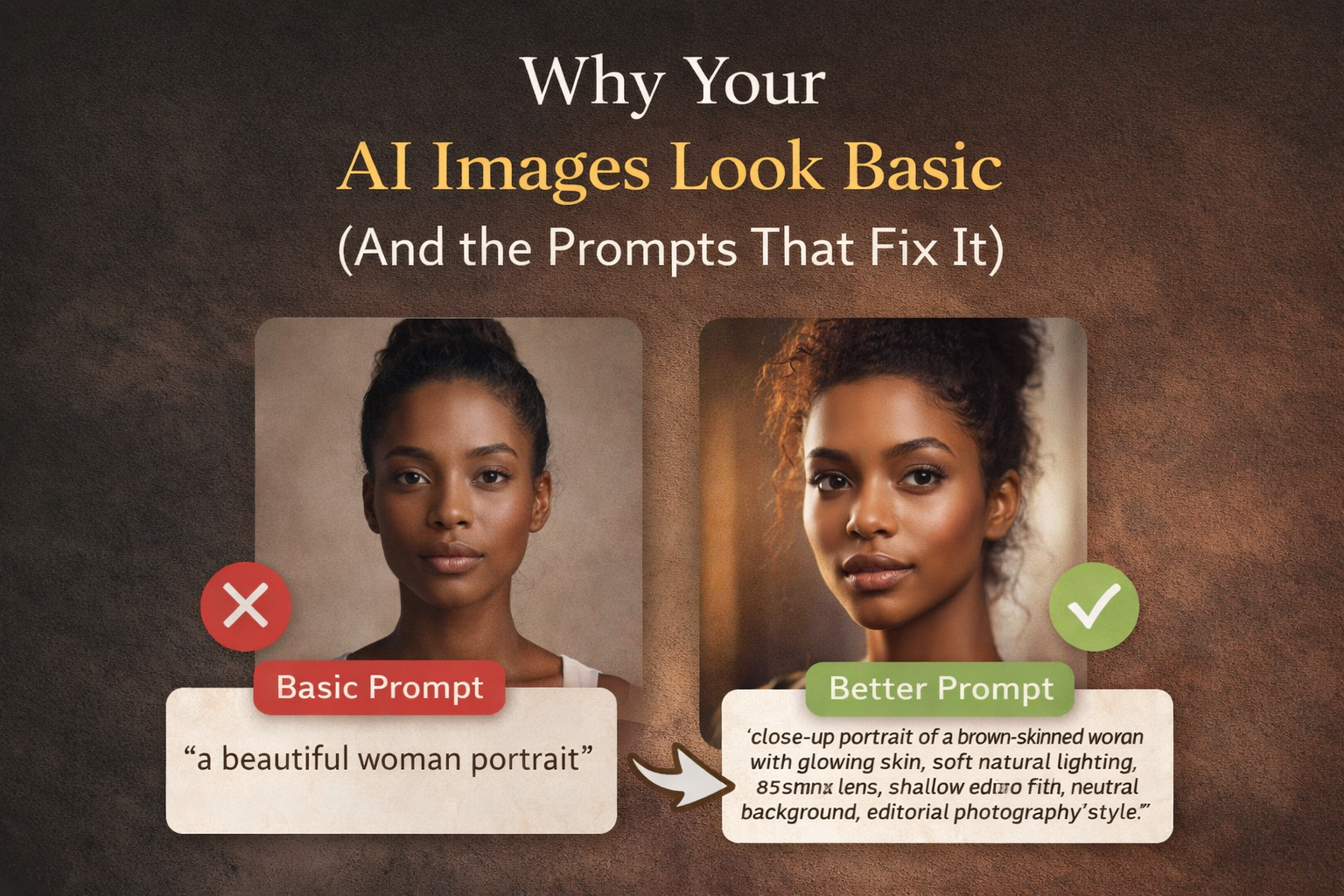 Side by side comparison of AI generated portraits showing basic prompt vs better prompt results. Image highlights how detailed AI prompts improve image quality, lighting, and realism. Text reads Why Your AI Images Look Basic and the prompts that fix it. Ideal for AI art prompts, Midjourney prompts, and content creators improving AI images.