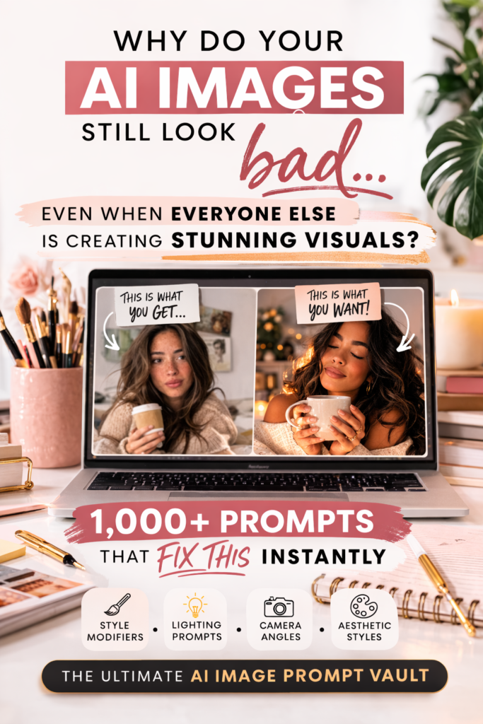Vertical Pinterest pin showing a clean, feminine workspace with a laptop displaying a side-by-side comparison of AI-generated images. The left image appears dull and low quality labeled “what you get,” while the right image is sharp and aesthetically pleasing labeled “what you could get.” Bold headline text reads “Why do your AI images still look bad… even when everyone else is creating stunning visuals?” Additional text highlights “1,000+ prompts, styles, lighting, camera angles” and “Create better AI images in seconds,” with a call to action for an AI Image Prompt Vault.