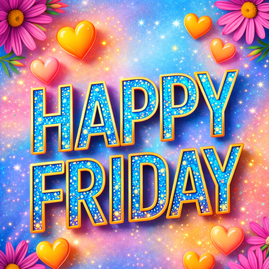Bright, 3D-style graphic with bold sparkling text reading “Happy Friday” in blue and gold tones, surrounded by colorful hearts, pink flowers, and glowing star-like accents on a vibrant rainbow gradient background.