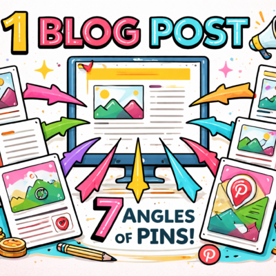 Colorful infographic showing one blog post on a computer screen branching into seven different Pinterest pin designs, connected by arrows to represent multiple content angles.
