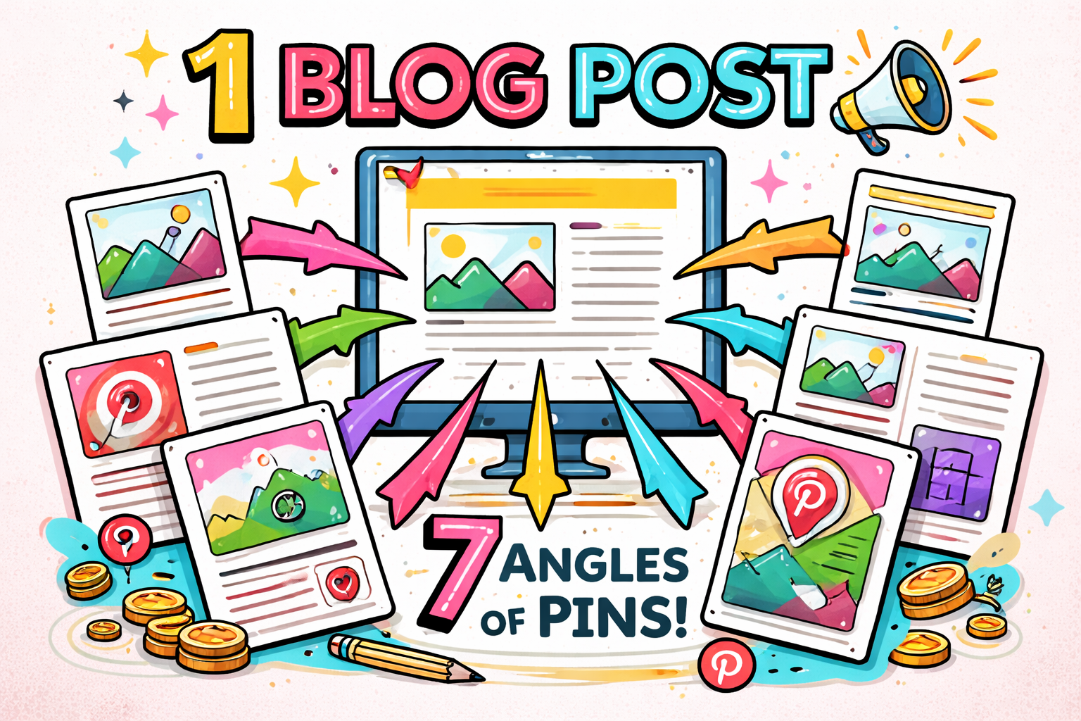 Colorful infographic showing one blog post on a computer screen branching into seven different Pinterest pin designs, connected by arrows to represent multiple content angles.