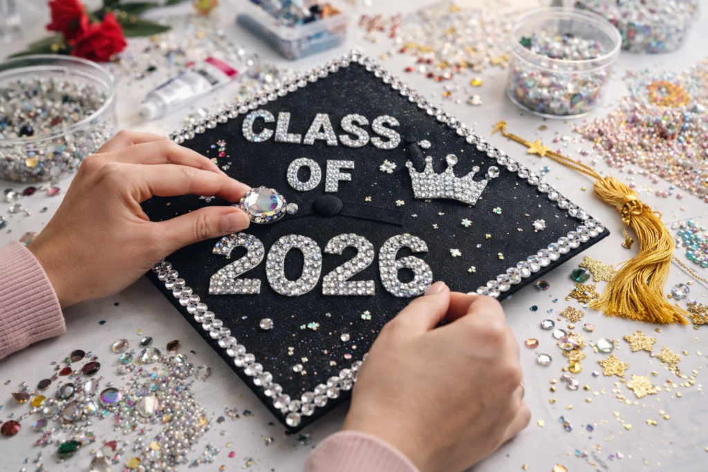 Close-up of hands decorating a black graduation cap with rhinestones and glitter, surrounded by scattered craft supplies like gems, beads, and a gold tassel on a messy workspace.