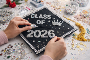 Close-up of hands decorating a black graduation cap with rhinestones and glitter, surrounded by scattered craft supplies like gems, beads, and a gold tassel on a messy workspace.
