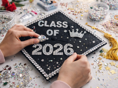 Close-up of hands decorating a black graduation cap with rhinestones and glitter, surrounded by scattered craft supplies like gems, beads, and a gold tassel on a messy workspace.