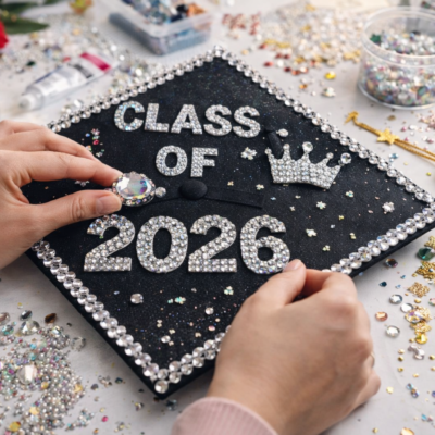 Close-up of hands decorating a black graduation cap with rhinestones and glitter, surrounded by scattered craft supplies like gems, beads, and a gold tassel on a messy workspace.
