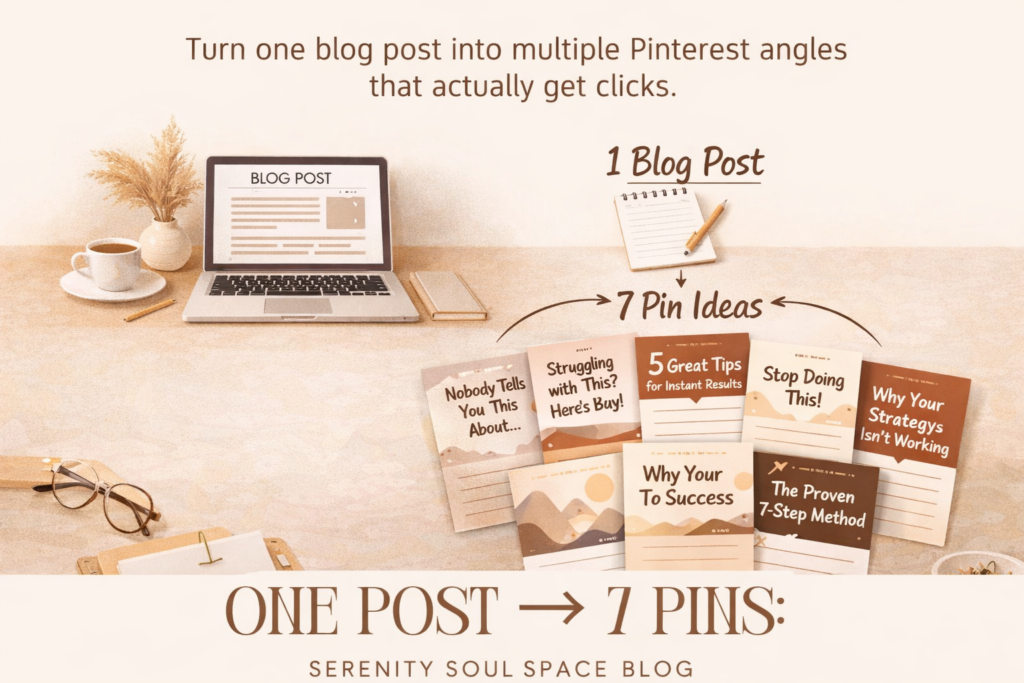 Landscape-style digital graphic showing a content system where one blog post is turned into seven Pinterest pin ideas. The image features a laptop displaying a blog post, a notepad labeled “1 Blog Post,” and a series of pin-style cards arranged in a row to represent different content angles, with warm neutral tones and clean, minimal branding from Serenity Soul Space Blog.