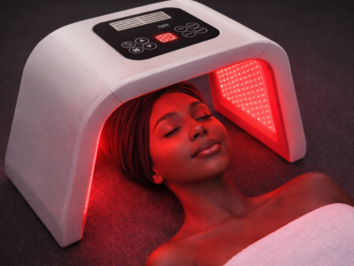 Landscape image of a dark-skinned woman with a smooth complexion relaxing under a red light therapy device. She is lying down with her eyes closed, wearing a black turban and wrapped in a white towel, while the glowing red LED light illuminates her face and upper body.