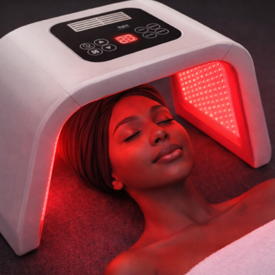 Landscape image of a dark-skinned woman with a smooth complexion relaxing under a red light therapy device. She is lying down with her eyes closed, wearing a black turban and wrapped in a white towel, while the glowing red LED light illuminates her face and upper body.