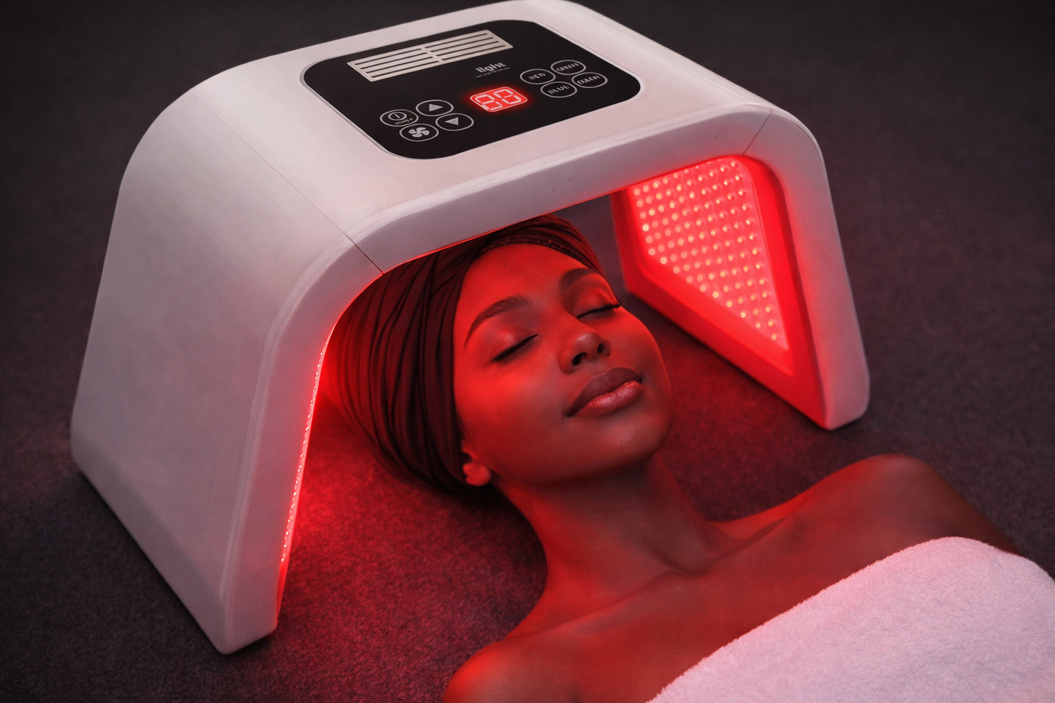 Landscape image of a dark-skinned woman with a smooth complexion relaxing under a red light therapy device. She is lying down with her eyes closed, wearing a black turban and wrapped in a white towel, while the glowing red LED light illuminates her face and upper body.