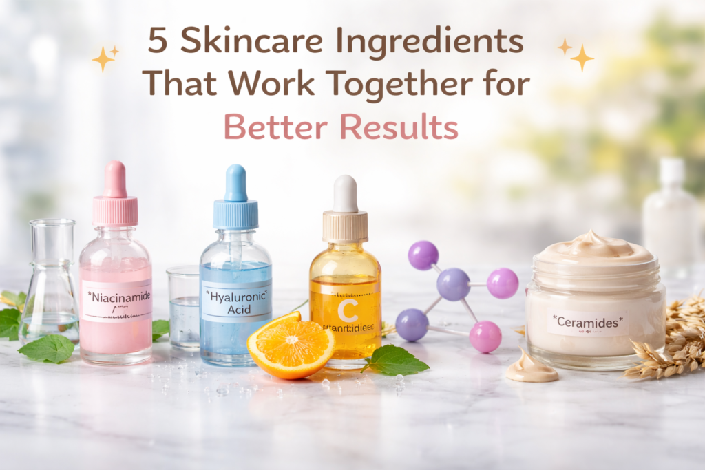 Minimalist landscape image showing five skincare ingredients displayed on a marble surface, including niacinamide serum, hyaluronic acid dropper bottle, vitamin C serum with orange slice, peptide molecule model, and ceramide cream jar arranged together to represent ingredients that work well in a skincare routine.