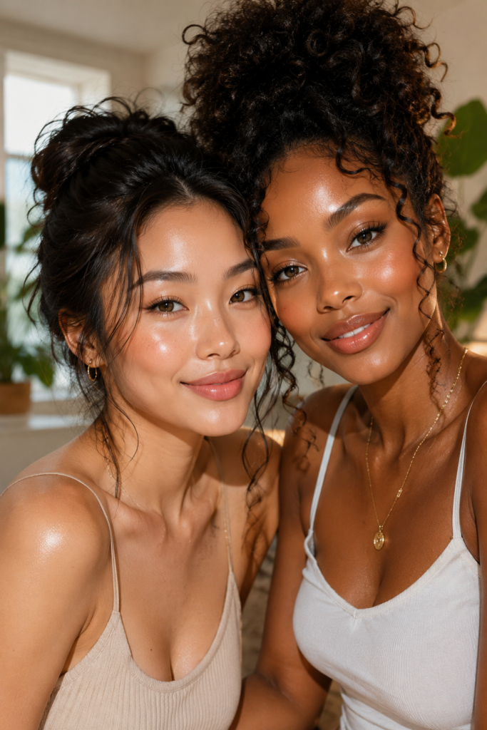 Close-up beauty portrait of 2 women with radiant glass skin and glowing complexions. Both women are smiling softly indoors with natural makeup, dewy healthy skin, glossy lips, and elegant updos. Warm natural lighting highlights their smooth, hydrated skin and luminous glow in a cozy skincare-inspired setting.