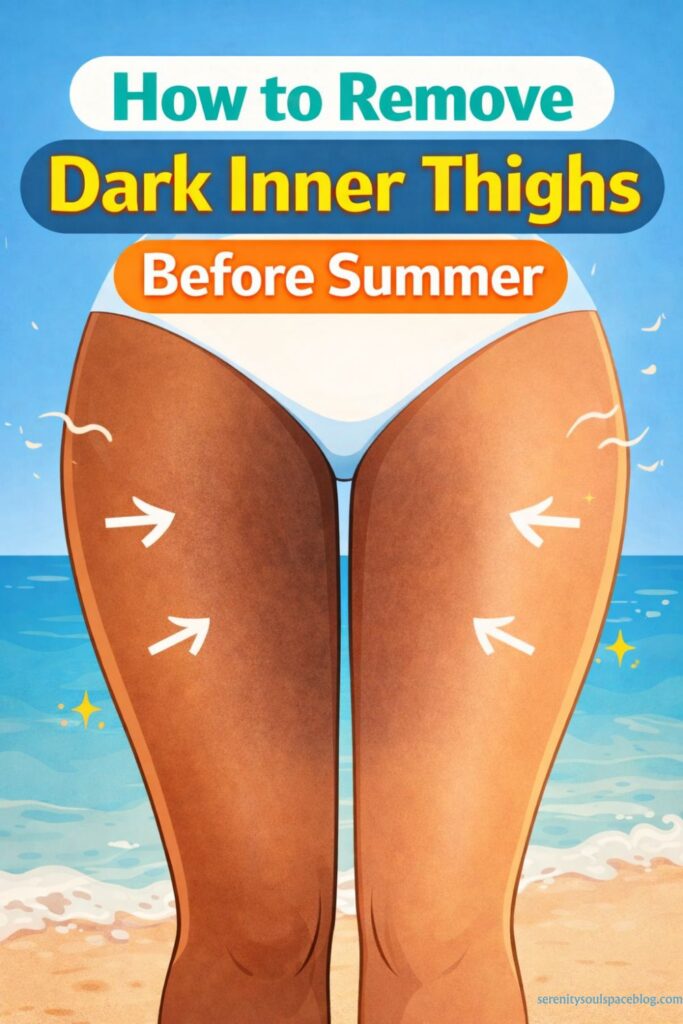 Cartoon-style Pinterest graphic showing a woman’s upper thighs at the beach with darker inner thigh areas highlighted by arrows, alongside the text “How to Remove Dark Inner Thighs Before Summer.”