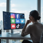Woman sitting at a desk looking at a large computer monitor displaying social media platform icons including Instagram, Facebook, LinkedIn, Twitter, YouTube, and TikTok, suggesting social media management or digital marketing work.