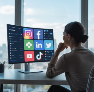 Woman sitting at a desk looking at a large computer monitor displaying social media platform icons including Instagram, Facebook, LinkedIn, Twitter, YouTube, and TikTok, suggesting social media management or digital marketing work.