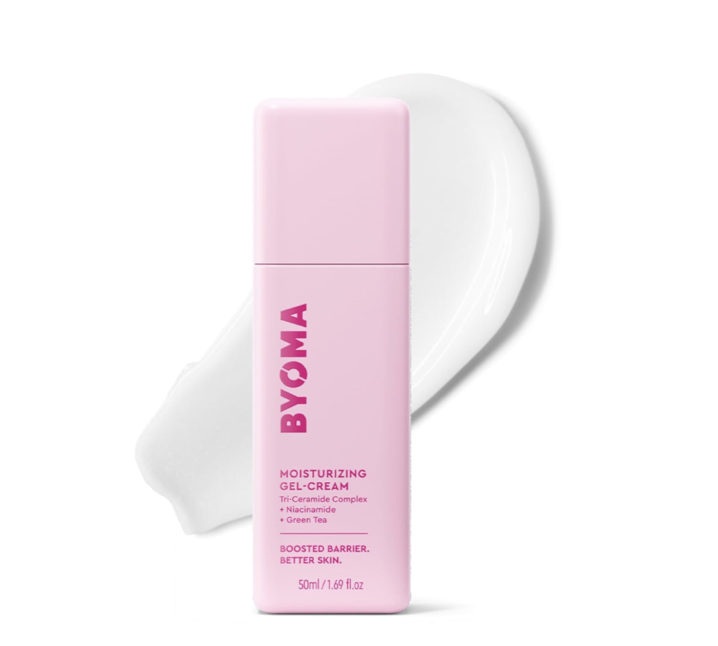 Pink bottle of BYOMA Moisturizing Gel-Cream with tri-ceramide complex, niacinamide, and green tea, displayed with a white moisturizer swatch behind the product on a clean background.