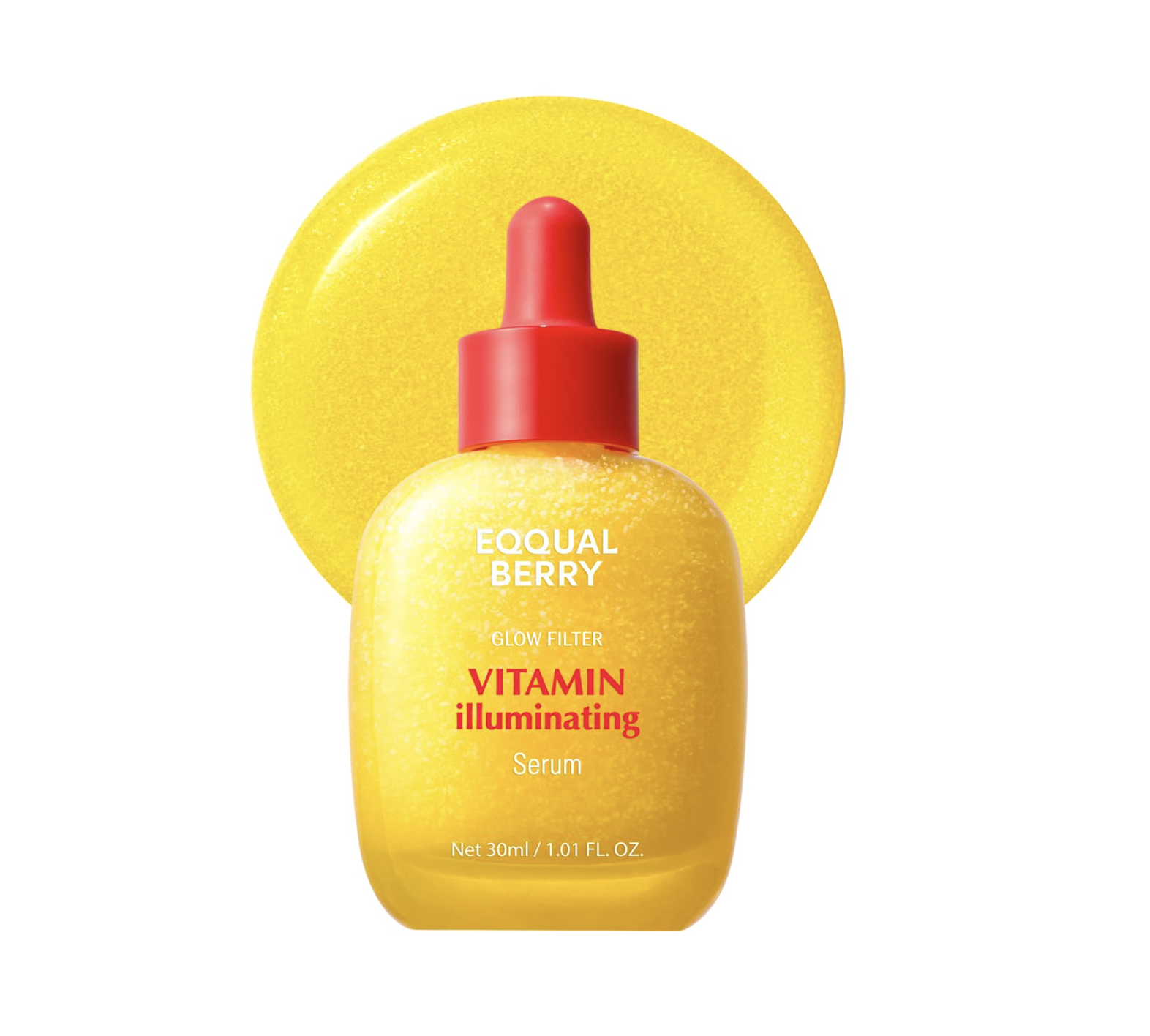 Yellow dropper bottle of EQUALBERRY Vitamin Illuminating Serum with a red cap, displayed in front of a glossy golden serum texture background, highlighting a brightening skincare formula.