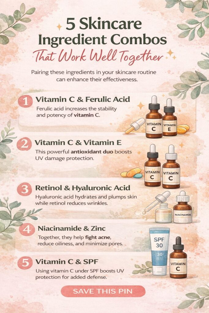 Infographic showing five skincare ingredient combinations that work well together, including vitamin C with ferulic acid, vitamin C with vitamin E, vitamin C with vitamin E and ferulic acid, antioxidants with sunscreen, and retinol with hyaluronic acid for better skincare results.