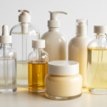 Clean minimalist product photo showing several skincare bottles and jars on a light marble surface, including dropper serums, pump bottles, facial oil, and moisturizer in neutral glass containers.
